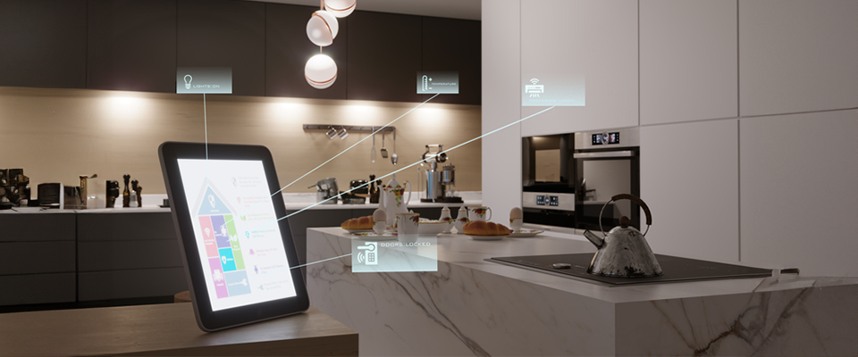Moderne Küche mit Smart-Home-Steuerung über Tablet und vernetzten Haushaltsgeräten.