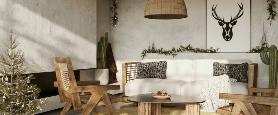 Rustikal arrangierte Wohnzimmerszenerie zur Weihnachtszeit im Nature & Rustic Style