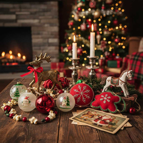 Weihnachtliche Wohnaccessoires: Dekoration mit Kugeln, Kerzen und Figuren ist festlich auf einem Holztisch arrangiert. Im Hintergrund sorgen ein Kaminfeuer und ein geschmückter Baum für gemütliche Stimmung.