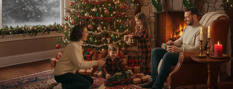 Eine Familie sitzt gemeinsam vor dem festlich geschmückten Weihnachtsbaum und tauscht Geschenke aus. Ein Kaminfeuer und Kerzenlicht sorgen für eine warme, behagliche Stimmung.