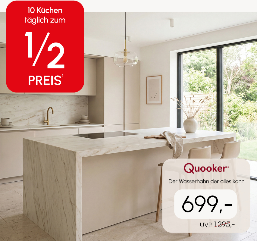 10 keukens voor de halve prijs, keramische werkbladen voor de halve prijs en Quooker voor een actieprijs.