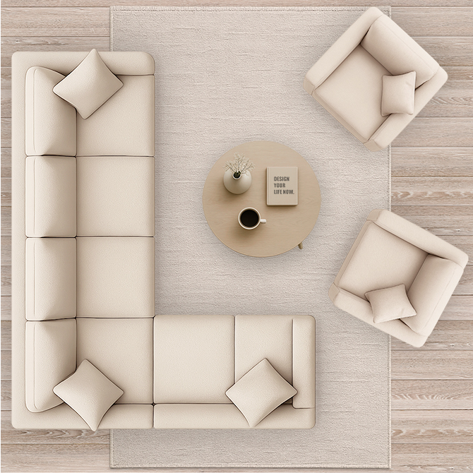 Orientteppich mit klassischen Mustern in Braun und Blau, dekorativ inszeniert auf Fliesenboden mit Kissen und Lesetisch.