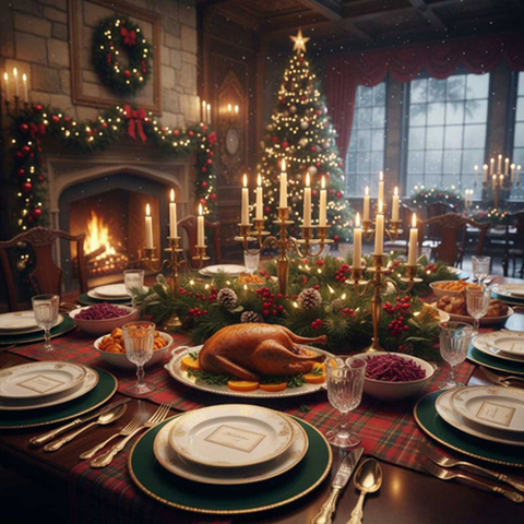 Ein festlich gedeckter Tisch mit Gänsebraten, Geschirr und Kerzen steht bereit für ein Weihnachtsessen. Im Hintergrund sorgen Kaminfeuer, Baum und Lichter für eine festliche Atmosphäre.