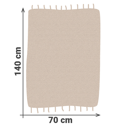 Rechteckiger Teppich in Beige- und Brauntönen mit meliertem, modernem Muster. Die Oberfläche wirkt flach gewebt mit dezenter Struktur. Der Teppich ist von oben fotografiert, mit Maßangaben: 140 cm Länge und 70 cm Breite.