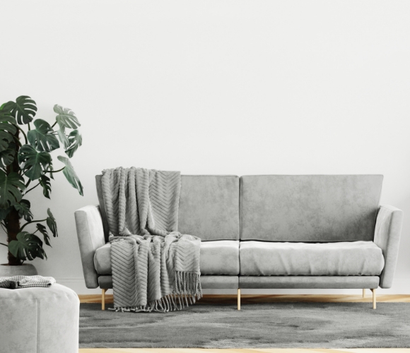 Graues Sofa mit grauer Decke dekoriert. Daneben steht eine grüne Zimmerpflanze.