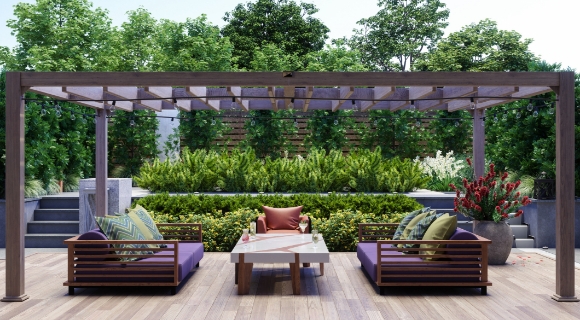 Moderne Terrasse mit Loungesessel, Sofa, Tisch und Gartenblick.