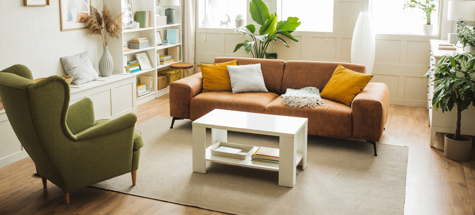 Modernes Wohnzimmer mit Sofa, Sessel und Pflanzen