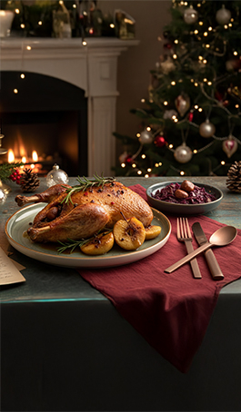 Ein festlich angerichteter Gänsebraten mit Beilagen steht auf einem gedeckten Tisch. Im Hintergrund sorgen ein Kaminfeuer und ein geschmückter Weihnachtsbaum für gemütliche Stimmung.