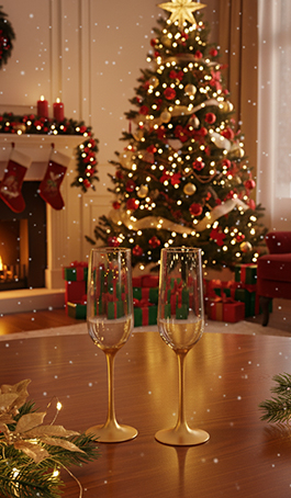 Zwei goldene Sektgläser stehen auf einem festlich dekorierten Tisch. Im Hintergrund leuchten ein Weihnachtsbaum und ein Kamin mit weihnachtlicher Dekoration.