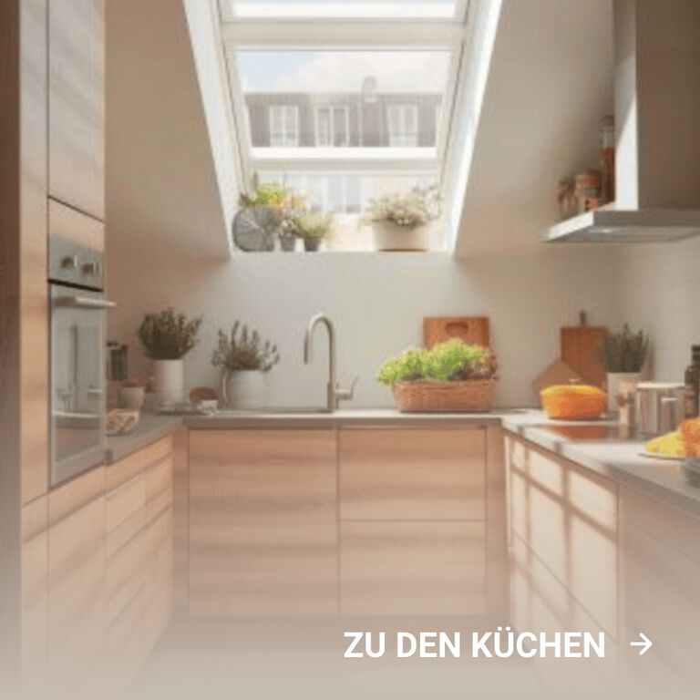 Moderne Holzküche mit Dachfenster, Pflanzen und frischen Zutaten am Tag