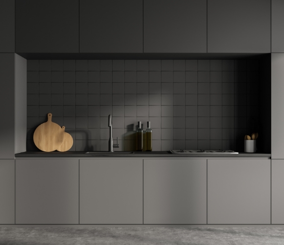 [SH3.1]Moderne graue K&uuml;chenzeile mit puristischem Design, dunklem Fliesenspiegel und grifflosem Stauraum