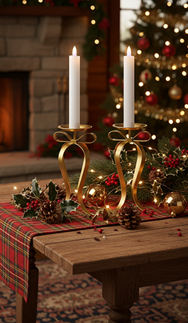 Zwei goldene Kerzenhalter mit weißen Kerzen stehen auf einem festlich dekorierten Holztisch. Tannenzweige, Zapfen und Weihnachtskugeln schaffen eine stimmungsvolle Atmosphäre.