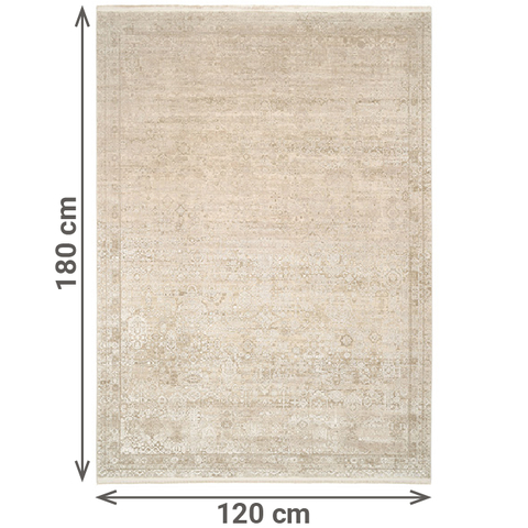 Rechteckiger Teppich in hellem Beige mit dezentem, orientalisch inspiriertem Muster. Die Gestaltung ist fein strukturiert und wirkt leicht verwaschen, was dem Teppich einen eleganten Vintage-Look verleiht. Die Maße sind angegeben: 180 cm Länge und 120 cm Breite.