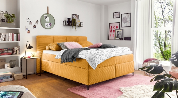 Modern eingerichteter Raum. Die Wand ist rosa gestrichen. Vor der Wand steht ein rosa Sessel und in den Ecken stehen dekorative Pflanzen.
