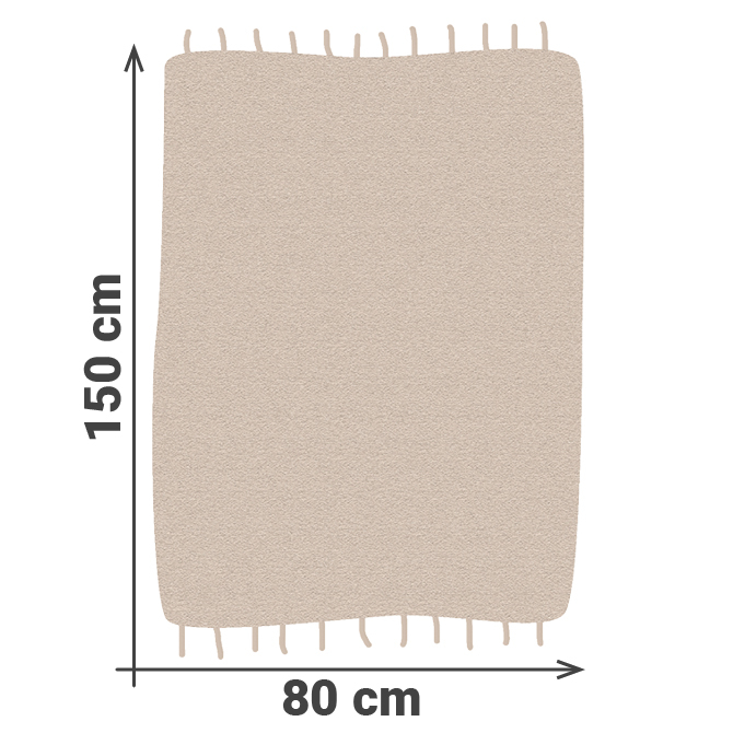 Rechteckiger Teppich in Naturt&ouml;nen mit grafischem Muster aus schwarzen Linien. Das Design besteht aus wiederkehrenden Dreiecks- und Rautenformen in horizontalen Streifen. Der Teppich ist von oben fotografiert, mit Ma&szlig;angaben: 150 cm L&auml;nge und 80 cm Breite.