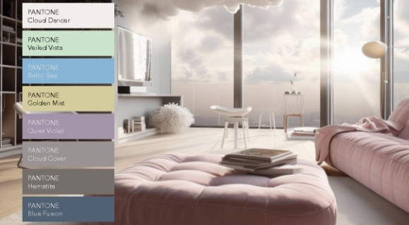 Modernes Wohnzimmer mit pastellfarbenem Sofa und gro&szlig;en Fenstern, erg&auml;nzt durch eine Pantone-Farbpalette links.
