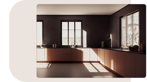 Dunkle, minimalistische Küche mit niedrigen Schränken und großen Fenstern, die Tageslicht in den Raum lassen. Die Schränke haben eine warme, matte Oberfläche, und die Arbeitsplatte ist in einem dunklen Farbton gehalten. Die schlichte Gestaltung und das einfallende Licht schaffen eine ruhige, moderne Atmosphäre