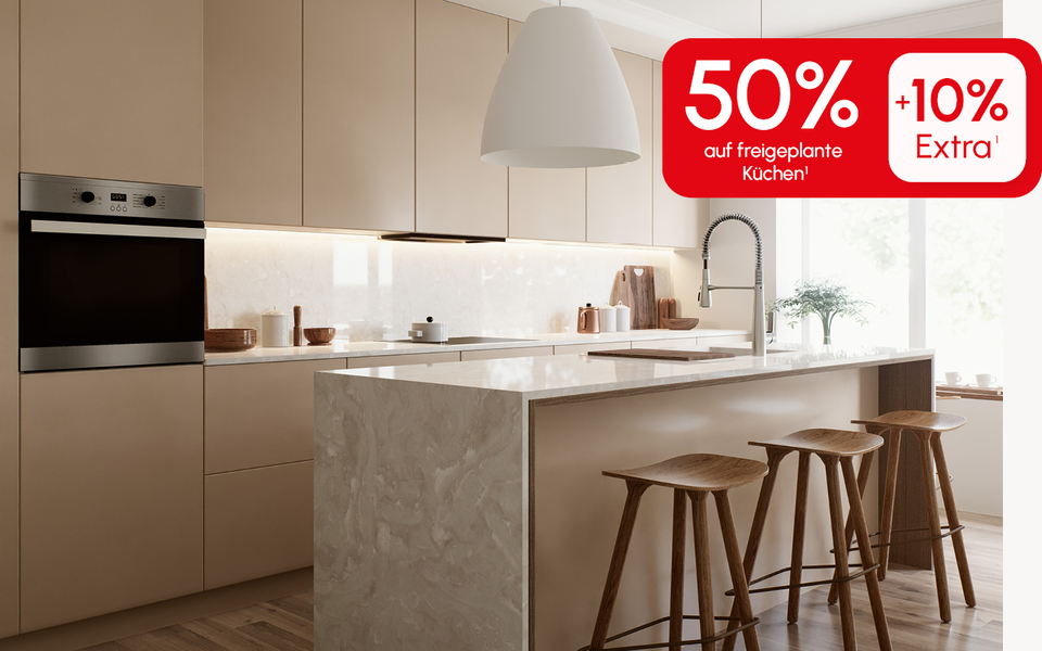 Moderne, stilvolle K&uuml;che mit hochwertigem Design &ndash; jetzt mit 50 % Rabatt plus zus&auml;tzliche 10 % Extra-Rabatt erh&auml;ltlicht + 10% Extra Rabatt