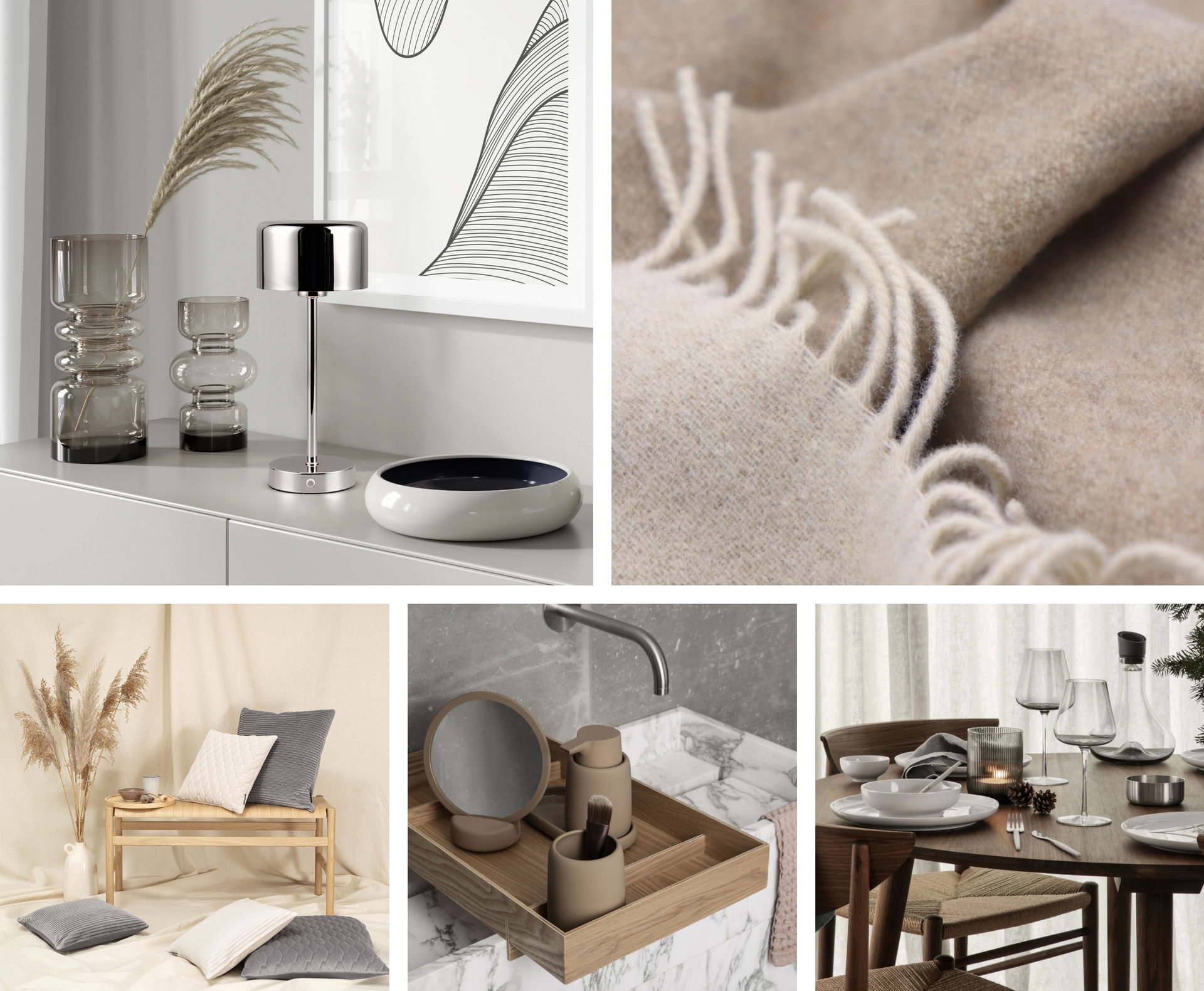 Collage aus minimalistischen Wohnaccessoires in neutralen Naturtönen