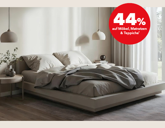 Beiges Bett in gem&uuml;tlichem Raum, modern eingerichtet, "44% auf M&ouml;bel, Matratzen und Teppiche"