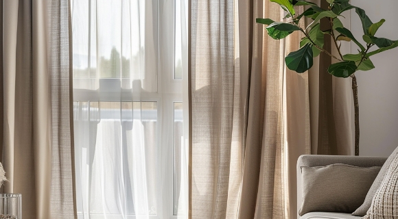Helles Wohnzimmer mit Vorhängen, Sofa, runder Couchtisch und großer Zimmerpflanze.