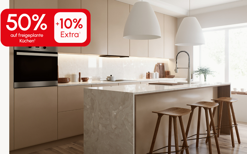 Moderne, stilvolle K&uuml;che mit hochwertigem Design &ndash; jetzt mit 50 % Rabatt plus zus&auml;tzliche 10 % Extra-Rabatt erh&auml;ltlicht + 10% Extra Rabatt