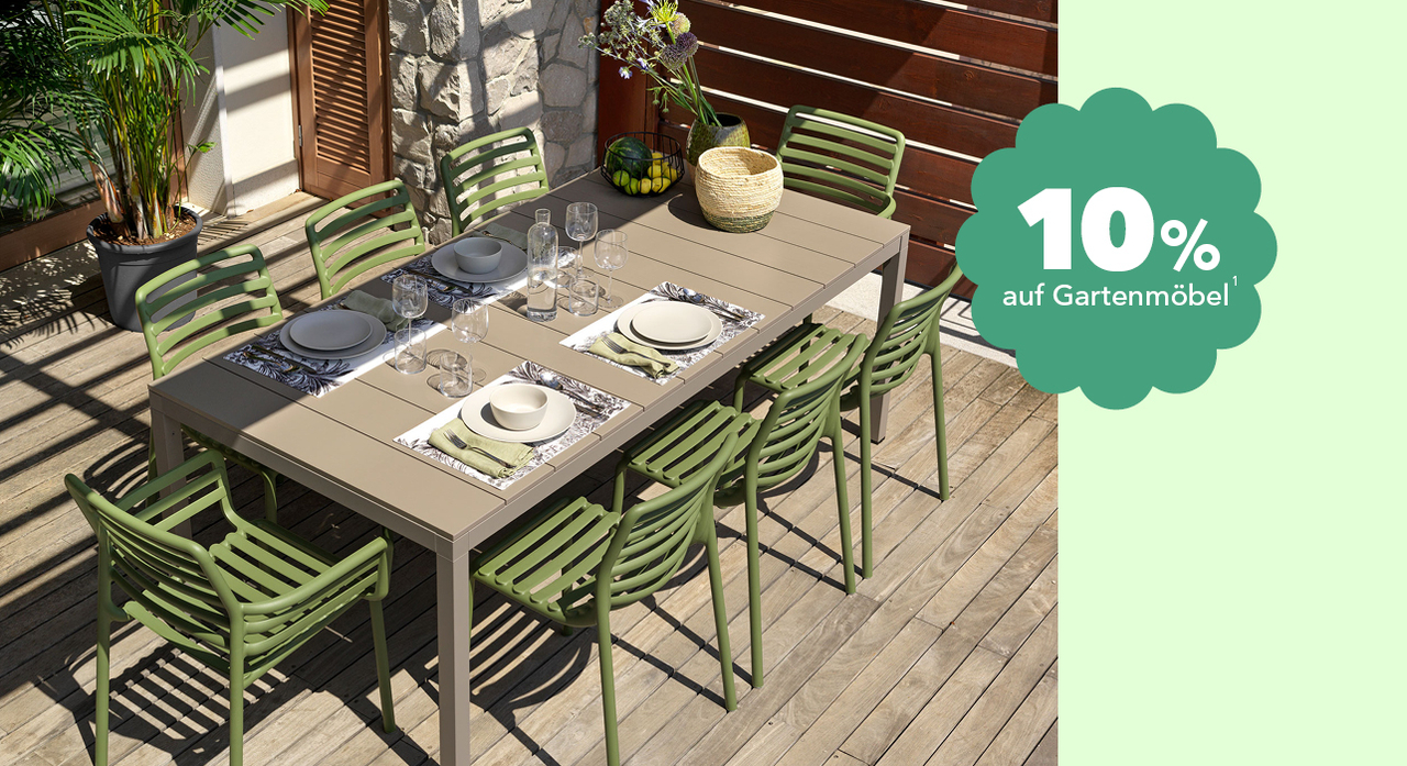 10% Rabatt auf Gartenm&ouml;bel sowie unsere Erg&auml;nzungssortimente&nbsp;Haushalt, Leuchten, Textilien, Wohnaccessoires, Teppiche