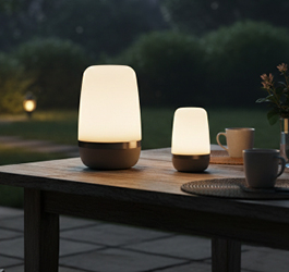 Leuchte von Blomus auf einem Tisch im Garten am Abend