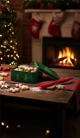Eine geöffnete Keksdose steht auf einem festlich dekorierten Holztisch. Im Hintergrund sorgen Kaminfeuer und Weihnachtsdekoration für eine warme Atmosphäre.