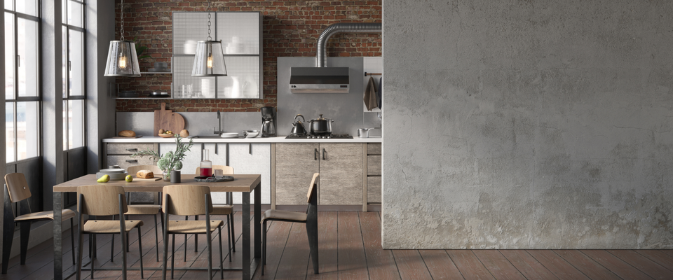 Moderne Industrial-Küche mit freiliegender Ziegelwand, Holz-Esstisch, Metallstühlen und großen Fabrikfenstern