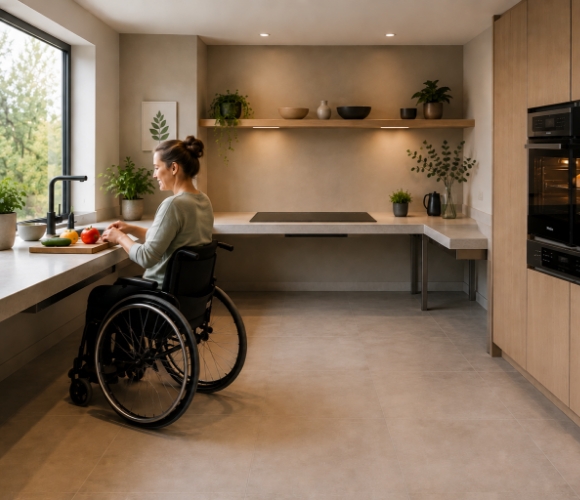Barrierefreie K&uuml;che mit unterfahrbaren Arbeitsfl&auml;chen, Kochfeld und erh&ouml;ht eingebautem Backofen neben K&uuml;hlschrank.