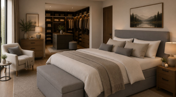 Schlafzimmer mit Boxspringbett, Sessel und begehbarem Kleiderschrank