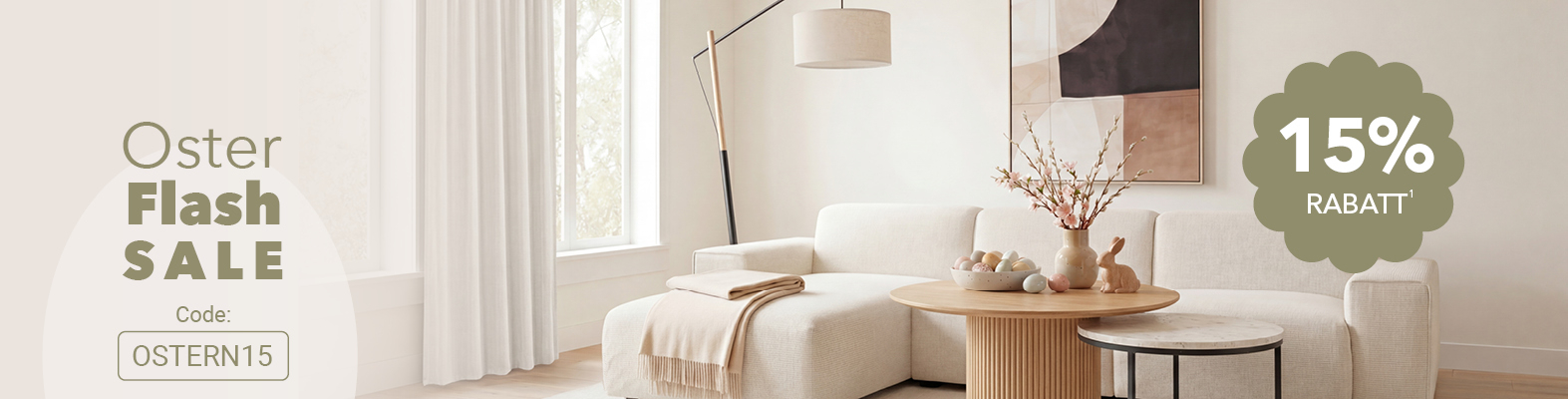 Oster Flash Sale Banner: Fr&uuml;hlingsdeko, Teppiche, Leuchten und Wohnaccessoires &ndash; 15% Rabatt