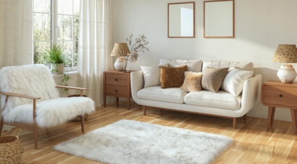 Minimalistisches Wohnzimmer mit einem gemütlichen weißen Sofa, schönen Kissen, Holz-Möbeln und modernem Dekor.
