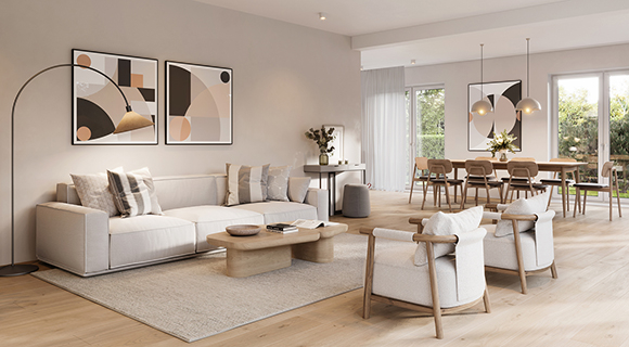 Helles Wohnzimmer mit Sofaecke, Esstisch und mehreren Lichtquellen wie Deckenleuchten und Stehleuchte, die den Raum gleichmäßig ausleuchten.