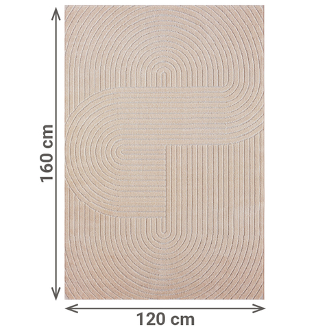 Rechteckiger Outdoorteppich in hellem Beige mit modernem, erhabenem Linienmuster. Die geschwungenen Linien bilden Halbkreise und Bögen, die sich zu einem symmetrischen, abstrakten Design verbinden. Der Teppich wirkt wetterbeständig und pflegeleicht. Maße: 160 cm Länge und 120 cm Breite.