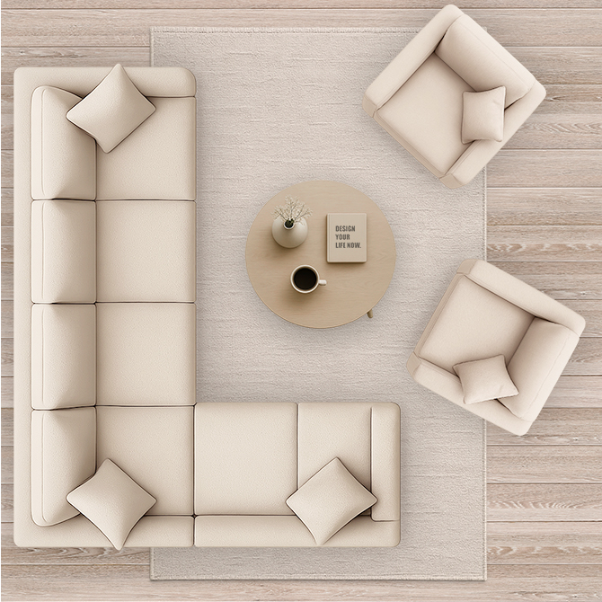 Orientteppich mit klassischen Mustern in Braun und Blau, dekorativ inszeniert auf Fliesenboden mit Kissen und Lesetisch.