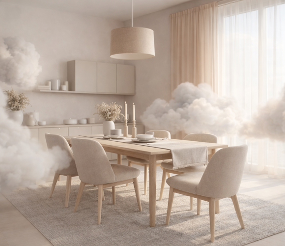 Heller Essbereich mit Holztisch, gepolsterten St&uuml;hlen und cremefarbenem Interior im Pantone Cloud Dancer Stil