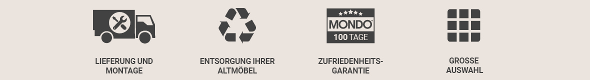 Vier dunkelgraue Service-Icons auf hellbeigem Hintergrund, jeweils mit erläuternder Beschriftung. Von links nach rechts: Symbol eines Lieferwagens mit einem Uhrensymbol im Inneren – steht für die pünktliche Lieferung der bestellten Ware. Gekreuzte Werkzeuge, bestehend aus Schraubenzieher und Schraubenschlüssel – symbolisieren eine passgenaue Montage Ihrer Möbel oder Küche. Ein Wasserhahn mit einem daran befestigten Stromkabel – steht für die fachgerechte Elektro- und Sanitärinstallation. Ein Recycling-Symbol aus drei kreisförmig angeordneten Pfeilen – weist auf die umweltgerechte Entsorgung Ihrer alten Möbel hin. Die Icons repräsentieren zentrale Dienstleistungen im Rahmen einer Küchen- oder Möbelplanung und -umsetzung.