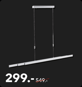 LED-Pendelleuchte in edlem Silber aus hochwertigem Metall, mit einer Höhe von 190 cm und einer Breite von nur 4,2 cm. Jetzt statt 549 Euro nur noch 299 Euro im Schaffrath Black Sale.