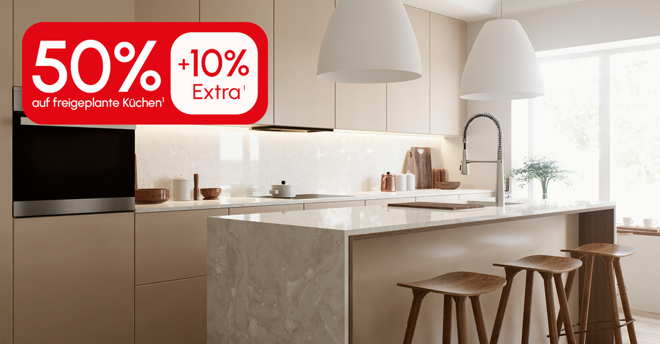 Moderne, stilvolle K&uuml;che mit hochwertigem Design &ndash; jetzt mit 50 % Rabatt plus zus&auml;tzliche 10 % Extra-Rabatt erh&auml;ltlicht + 10% Extra Rabatt