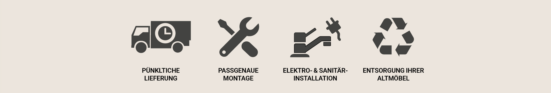 Vier Symbole für verschiedene Serviceleistungen. Von links nach rechts: ein Lieferwagen mit Uhrsymbol und der Beschriftung Pünktliche Lieferung', ein gekreuzter Schraubenschlüssel und Schraubenzieher mit der Beschriftung 'Passgenaue Montage', ein Wasserhahn und ein Stecker mit der Beschriftung 'Elektro- & Sanitär-Installation' und ein Recycling-Symbol mit der Beschriftung 'Entsorgung Ihrer Altmöbel