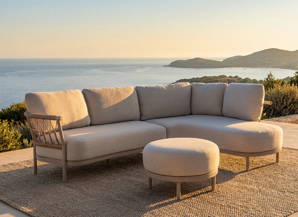geschwungene Gartenlounge auf einer Terrasse am Strand in der Abendsonne