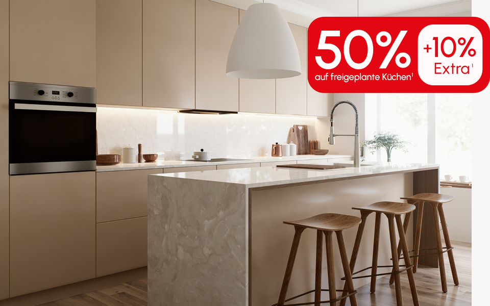 Moderne, stilvolle K&uuml;che mit hochwertigem Design &ndash; jetzt mit 50 % Rabatt plus zus&auml;tzliche 10 % Extra-Rabatt erh&auml;ltlicht + 10% Extra Rabatt