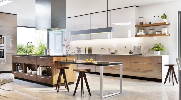 [SH8.1]Moderne K&uuml;che mit erh&ouml;ht eingebauten Ger&auml;ten und K&uuml;cheninsel mit ergonomischer Arbeitsfl&auml;che