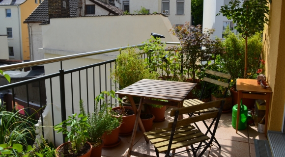 Kleiner Balkon mit Holztisch, zwei Klappst&uuml;hlen, vielen Topfpflanzen und Blick auf Wohnh&auml;user.