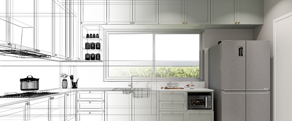 Kombination aus 3D-Visualisierung und realem Design mit Kühlschrank, Einbauküche und großem Fenster.