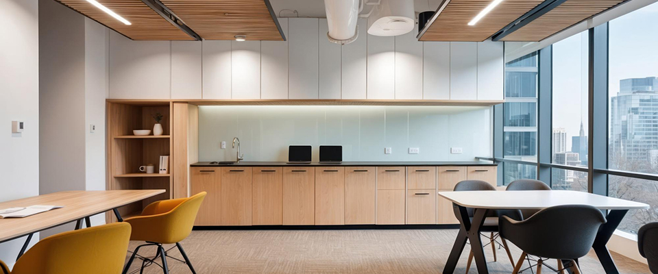 Moderne, helle Büroküche mit einer langen Küchenzeile aus Holz und weißen Oberschränken. Die Arbeitsfläche ist in Schwarz gehalten und mit zwei Kaffeemaschinen, einem Wasserhahn und Steckdosen ausgestattet. Eine Glasrückwand schützt die Wandfläche und reflektiert das Licht. Links befindet sich ein offenes Regal mit Geschirr und Dekoration, rechts bieten große, bodentiefe Fenster einen Blick auf moderne Bürogebäude und eine Skyline. Im Vordergrund stehen zwei Esstische mit unterschiedlich farbigen Stühlen – links mit senfgelben Sitzschalen, rechts in Grau und Schwarz. Die Decke ist teils mit Holzpaneelen und modernen LED-Leuchten versehen. Die Atmosphäre ist funktional, freundlich und einladend – ideal für Pausen oder Besprechungen im Büro.