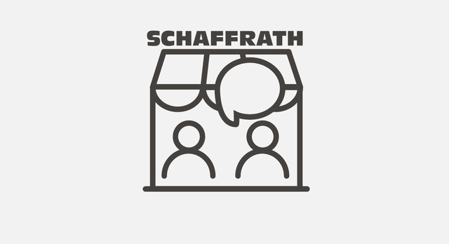 Symbol für Beratung bei Schaffrath: Ein stilisiertes Gebäude mit zwei Figuren und einer Sprechblase darüber. Oberhalb des Gebäudes steht der Schriftzug Schaffrath