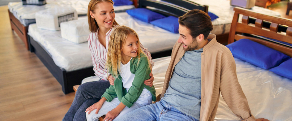 Ein Elternpaar sitzt mit ihrer Tochter auf einer Matratze in einem Möbelhaus und lächelt sich an.